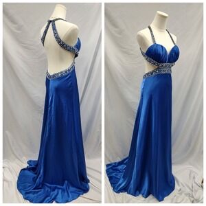 Mori Lee Madeline Gardner Prom Dress Gown Blue Satin Cut Out Sides Beaded Sz 4